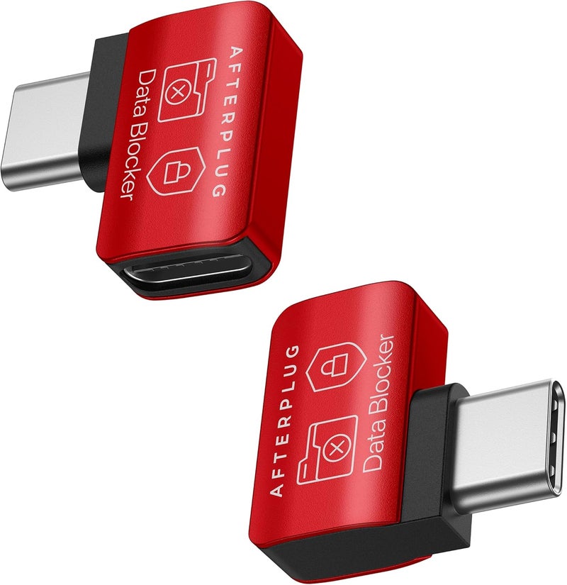 Afterplug 90 Degree USB-C to USB-C Data Blocker, Anti Juice Jacking, Charge-Only, Supports 240W PD Charging, Not for Thick Cases (2-Pack), Red - Image 1
